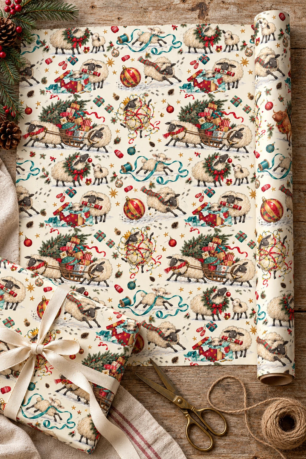 Festive sheep paper unrolled beside a cream-ribbon gift, twine and brass scissors.