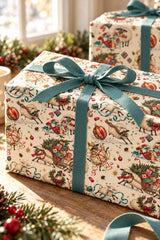 Close-up of a festive sheep gift parcel tied with teal ribbon beside a bright cottage window.