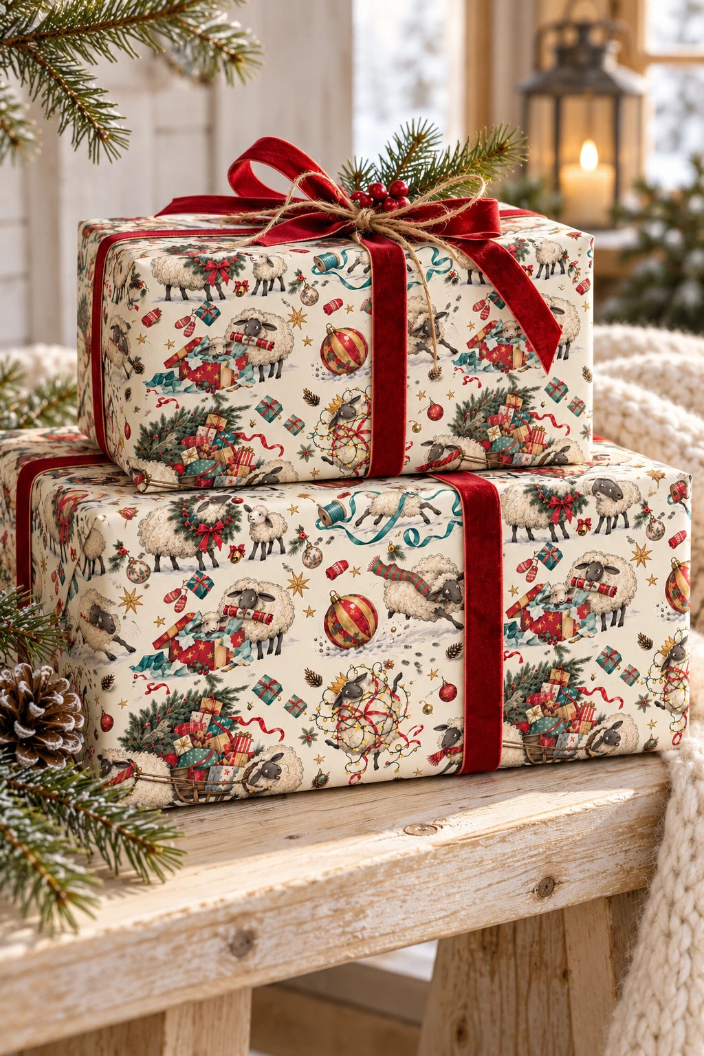 Stacked sheep Christmas parcels tied with red ribbon and natural twine on a rustic bench.