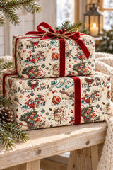 Stacked sheep Christmas parcels tied with red ribbon and natural twine on a rustic bench.