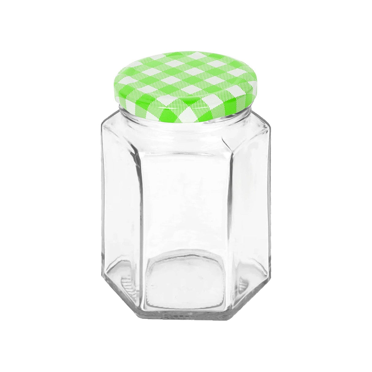 Clear glass jar with a green checkered lid on a white background