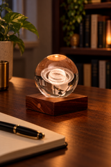 Saturn Amber Crystal Light glowing on a walnut desk beside a notebook and black pen, with books softly blurred behind.