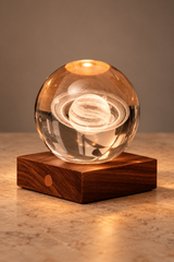 Saturn Amber Crystal Light on a square walnut base against a neutral studio backdrop, showing the illuminated ringed planet inside the clear sphere.