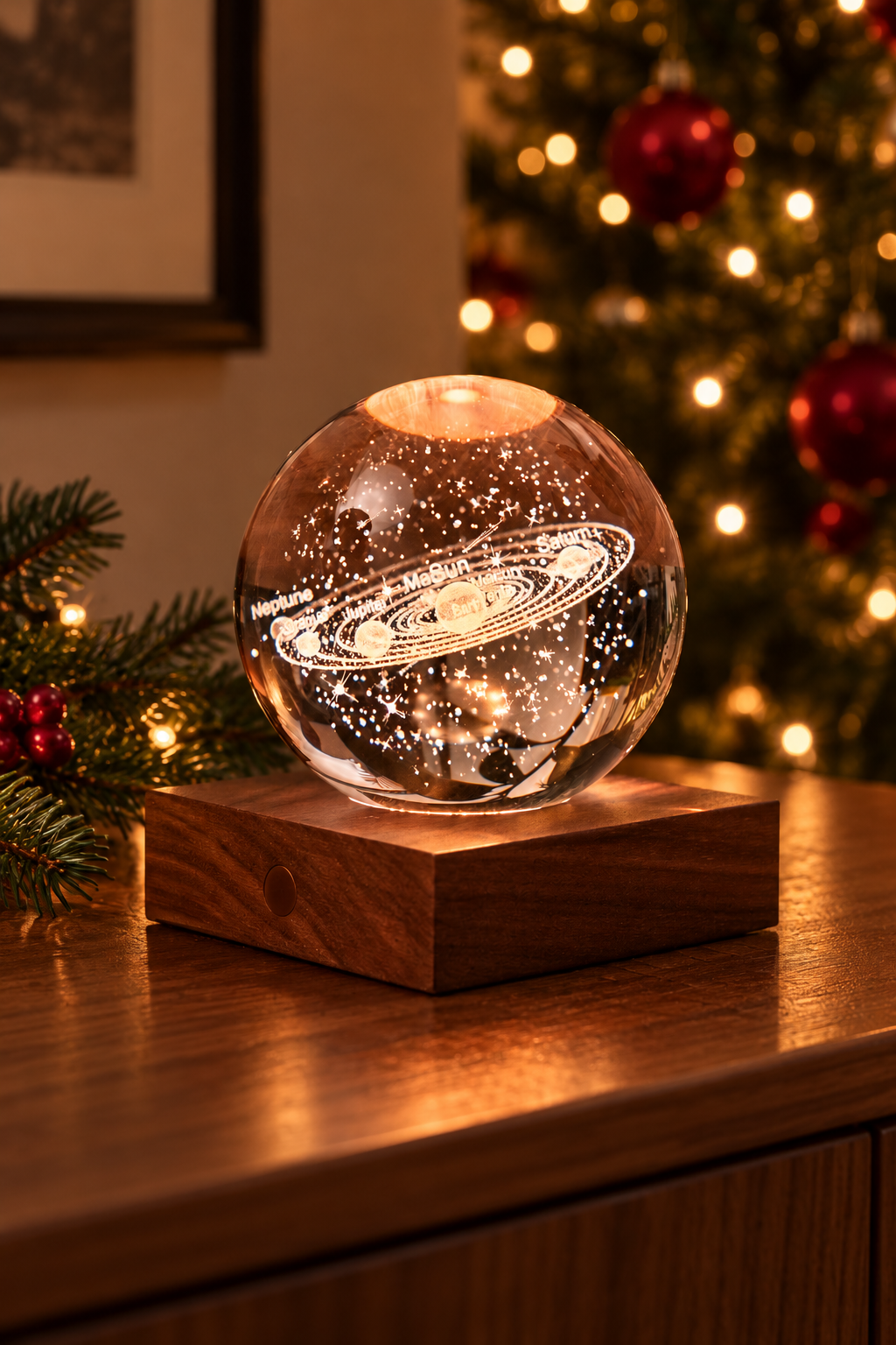 Solar System crystal lamp glowing on a walnut console beside fir sprigs and a Christmas tree with red baubles and warm lights.
