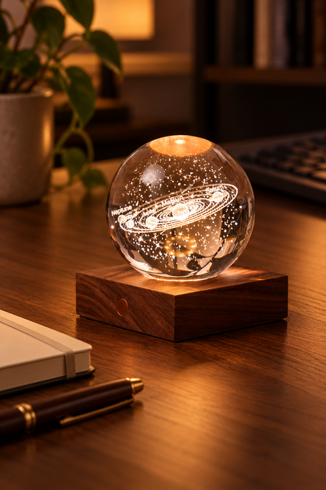 Solar System Amber Crystal Light on a walnut desk beside a cream notebook and pen, with its engraved planets and orbit lines illuminated.