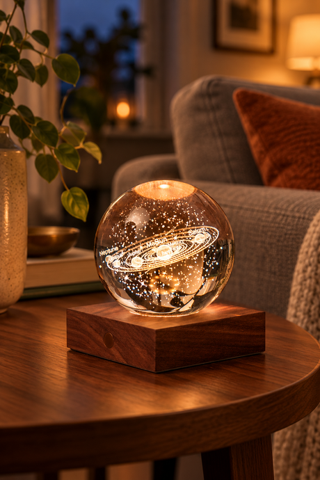 Solar System crystal lamp glowing on a walnut side table beside a grey sofa and rust cushion in a cosy evening living room.
