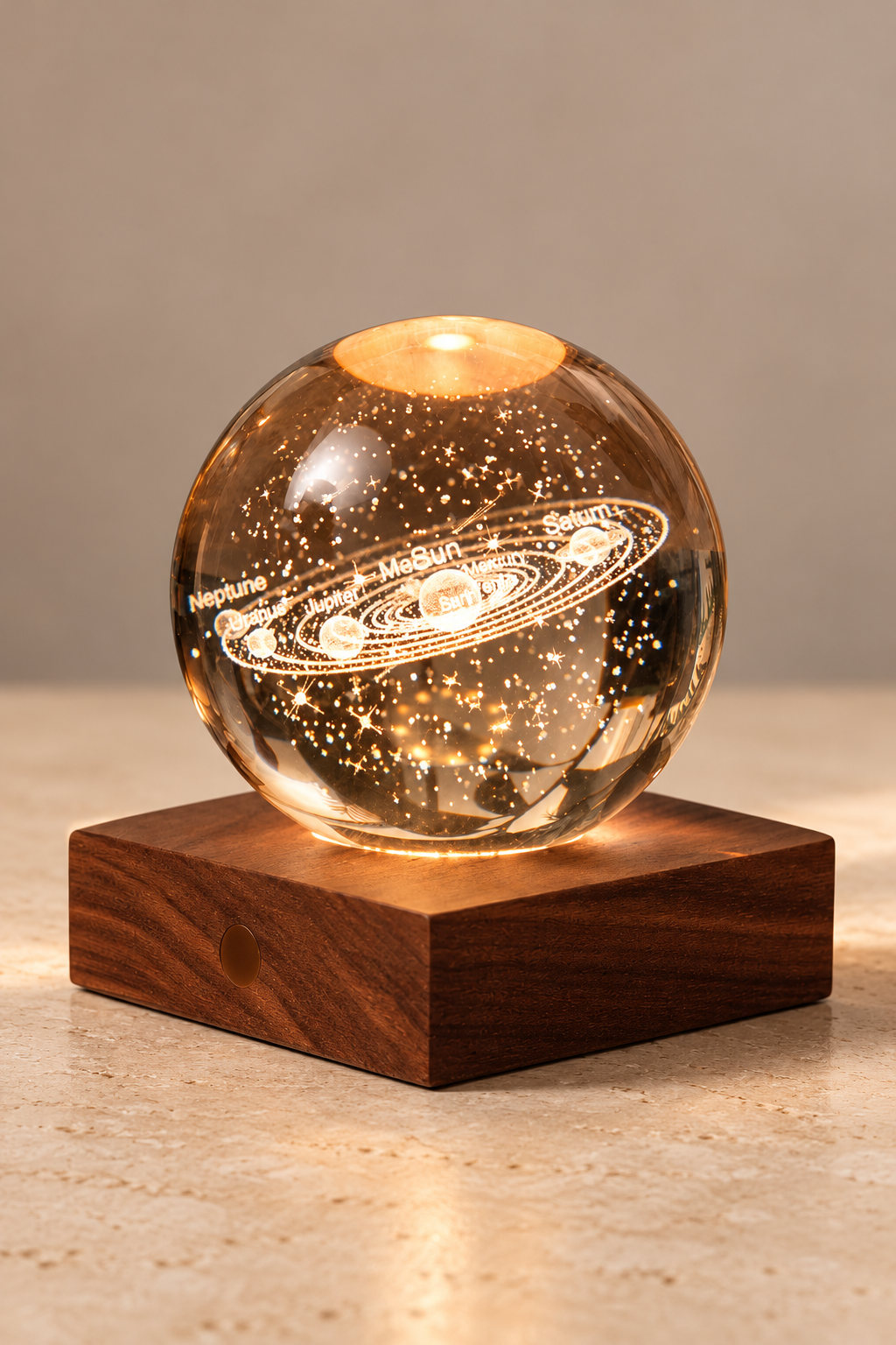 Solar System Amber Crystal Light on a walnut base against a neutral studio backdrop, with engraved planets, orbit lines and stars glowing inside.