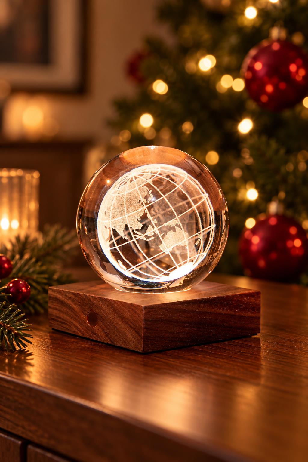 World Globe crystal lamp glowing on a walnut console beside fir sprigs, with a Christmas tree, red baubles and warm lights behind.
