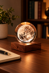 World Globe Amber Crystal Light on a walnut desk beside a cream notebook and fountain pen, with softly blurred books behind.