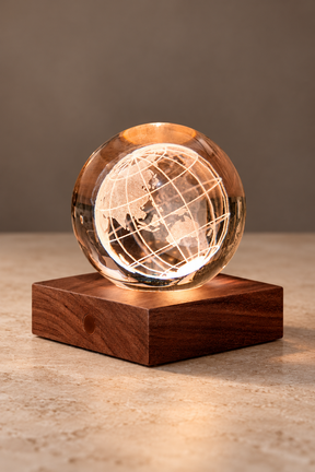 World Globe Amber Crystal Light glowing on a square walnut base against a neutral studio backdrop, with engraved continents and grid lines.