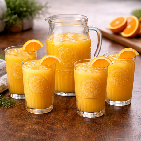 Glass pitcher and glasses filled with orange juice on a wooden table.