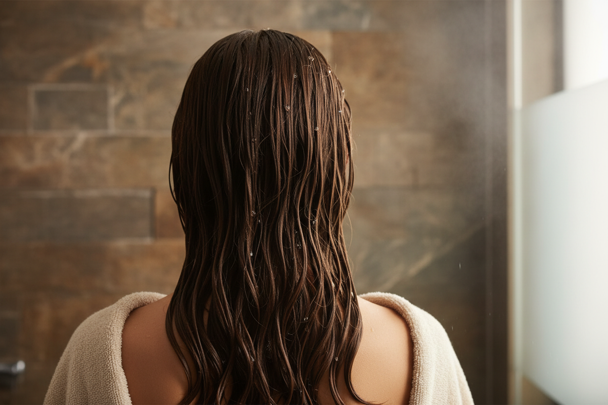 Person with wet hair standing in front of a shower, wearing a towel.