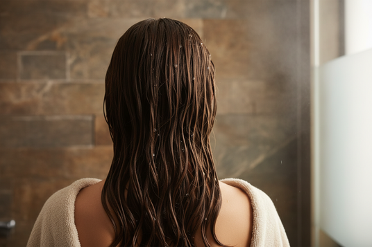 Person with wet hair standing in front of a shower, wearing a towel.