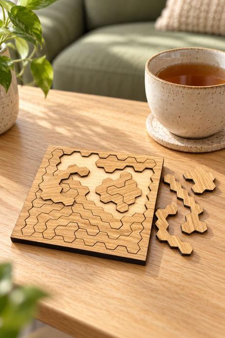 Hard Hex oak-veneered puzzle with loose pieces on an oak coffee table beside a ceramic cup of tea.
