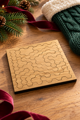 Square Hard Hex wooden puzzle styled beside a green Christmas stocking, burgundy ribbon and fir sprigs.