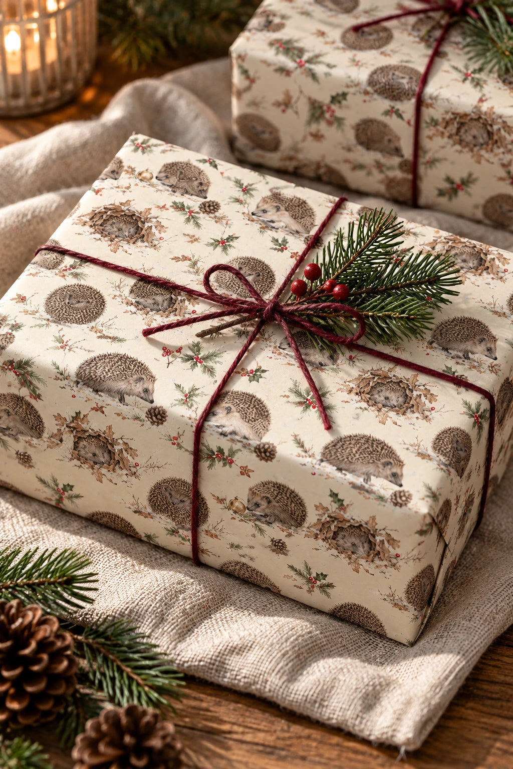 Close-up of a gift wrapped in hedgehog and holly Christmas paper with burgundy ribbon.