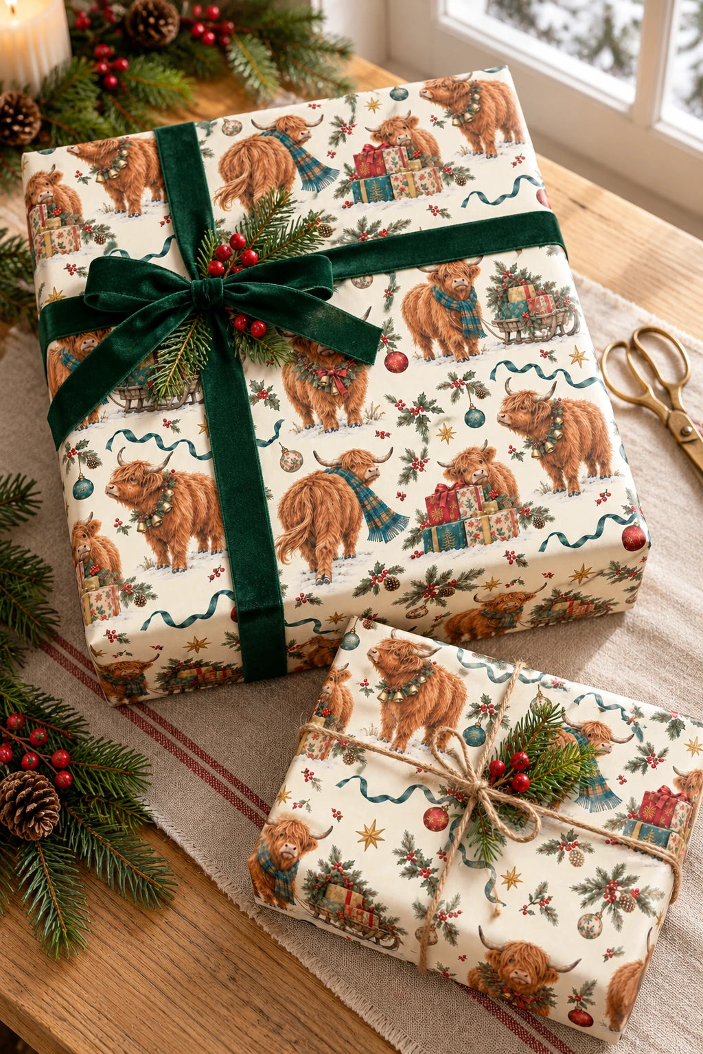Large-pattern Highland cow Christmas wrapping paper on a gift set with festive table decorations