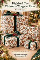 Byard’s Boutique Highland cow Christmas wrapping paper Pinterest design showing the small pattern on wrapped gifts