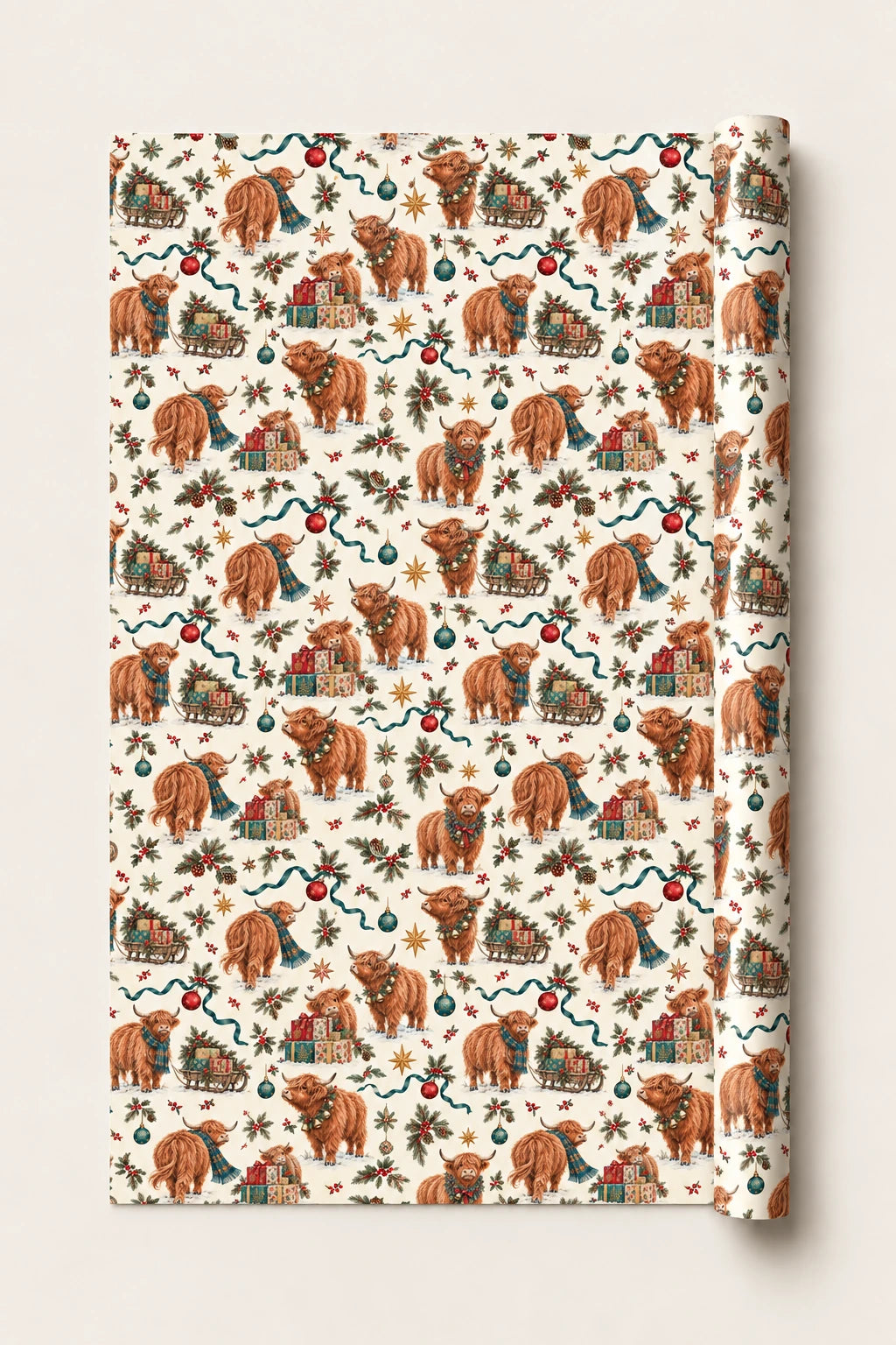 Small-pattern Highland cow Christmas wrapping paper roll with a closely repeated festive design on a cream background