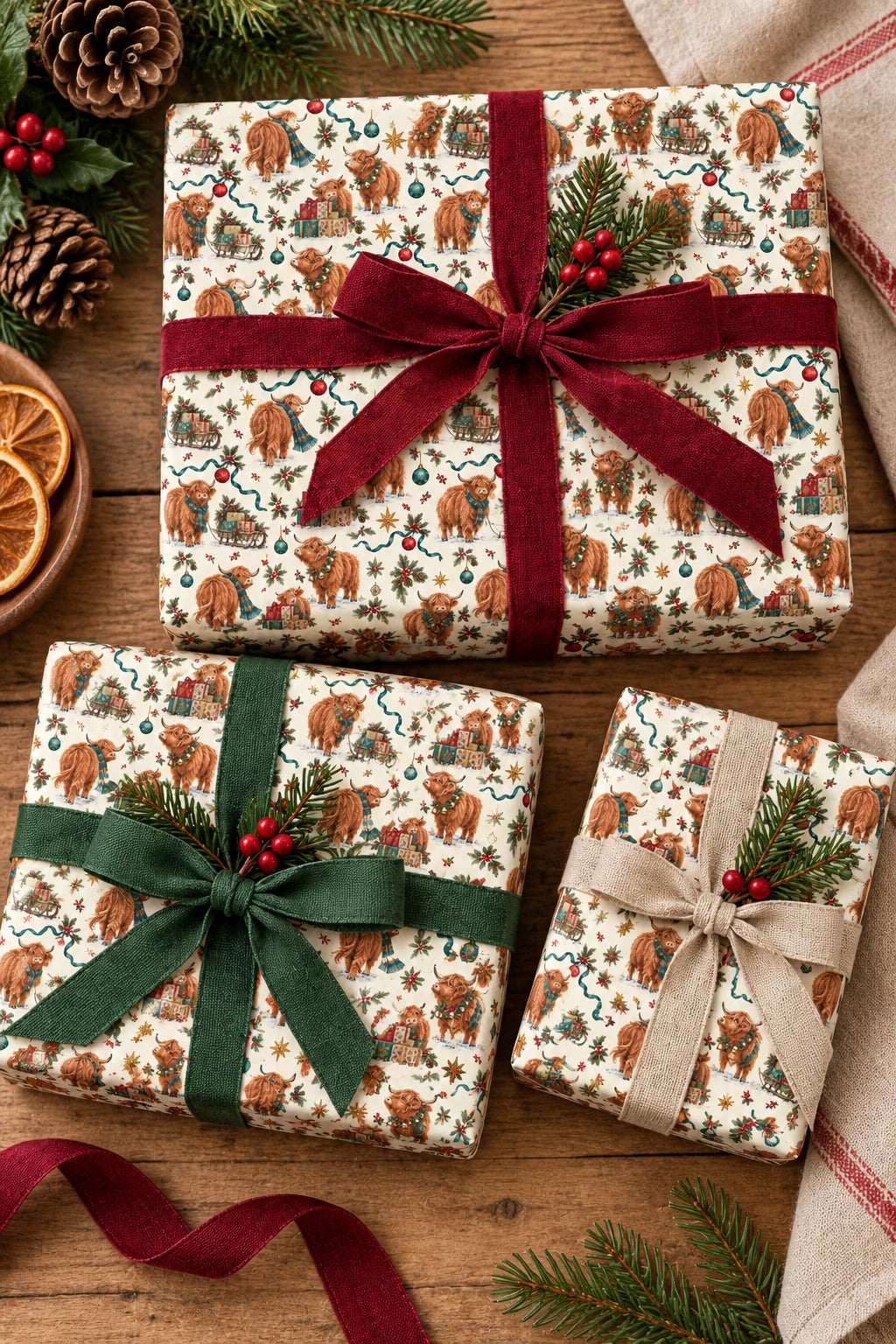 Small-pattern Highland cow Christmas wrapping paper on a gift set in a festive table scene