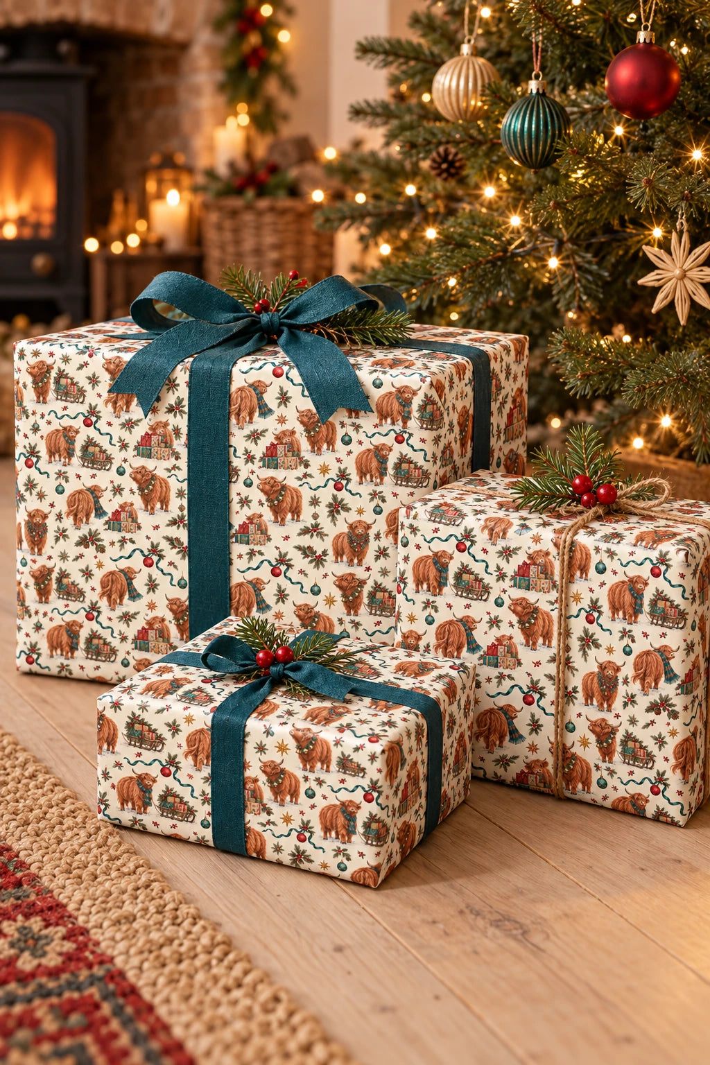 Small-pattern Highland cow Christmas wrapping paper on gifts beneath a decorated Christmas tree