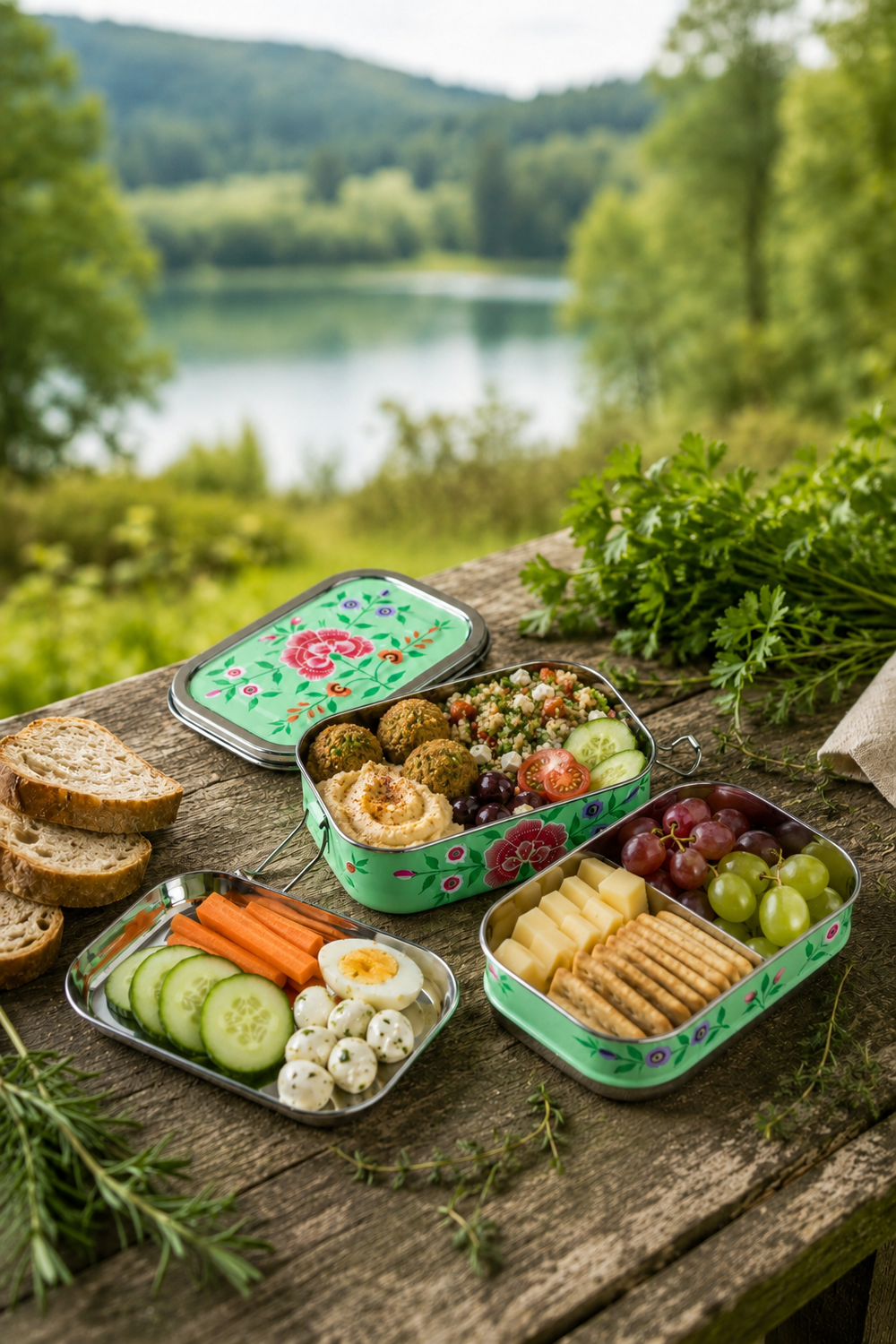 Reusable stainless steel packed lunch box with hand-painted pastel green enamel finish
