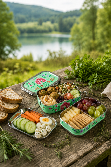 Reusable stainless steel packed lunch box with hand-painted pastel green enamel finish