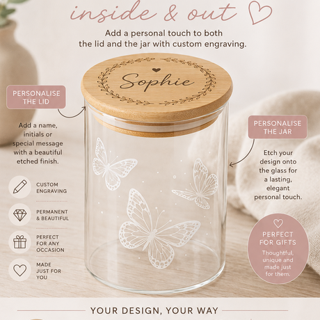 Personalized glass jar with wooden lid on a white background