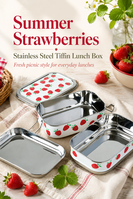 Summer Strawberries Hand-Painted Stainless Steel Tiffin Lunch Box