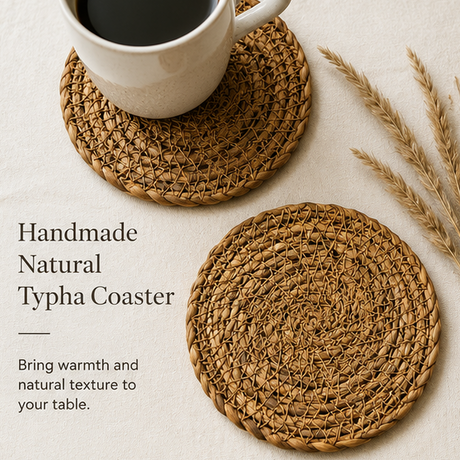 Woven coaster with a cup of coffee and text describing the product.