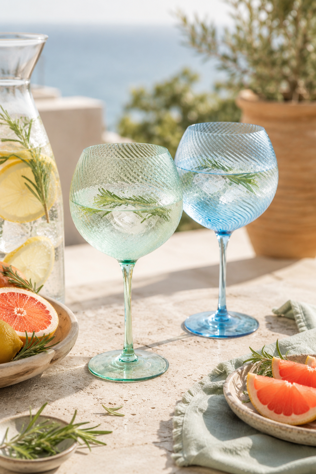 Two gin glasses with ice and lemon slices on a table with a scenic background.