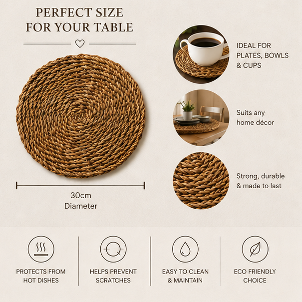 Woven placemat with features and benefits on a beige background