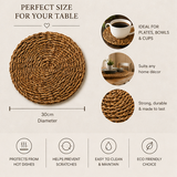 Woven placemat with features and benefits on a beige background