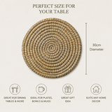 Woven round mat with dimensions and uses on a light background