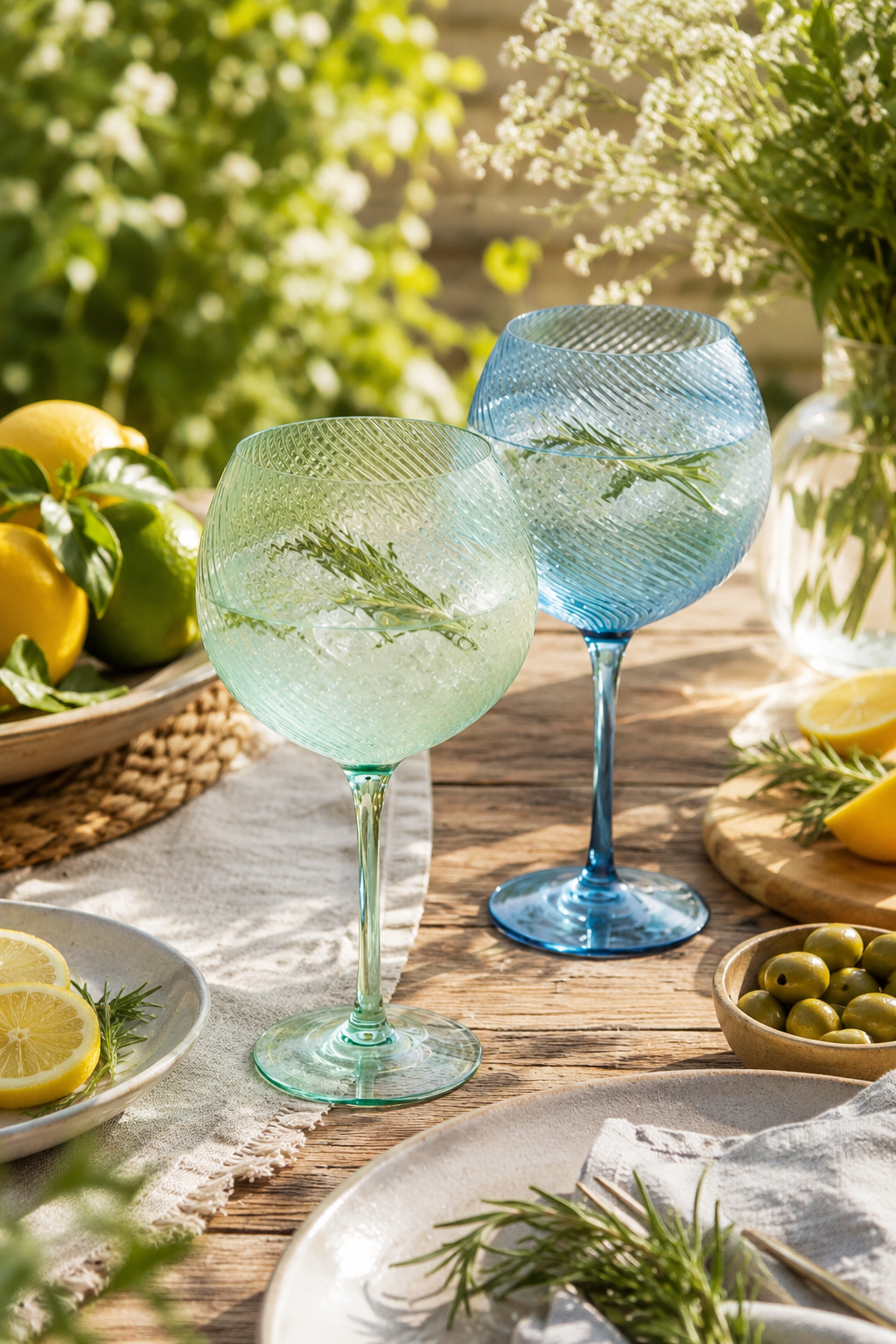Two colorful gin glasses on a table with lemons and herbs outdoors.
