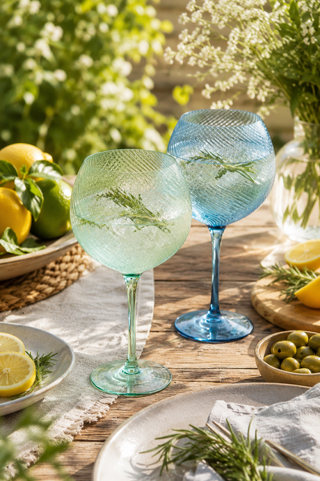 Two colorful gin glasses on a table with lemons and herbs outdoors.