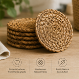 Stack of woven coasters on a wooden surface with text highlighting features.