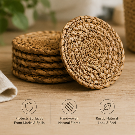 Stack of woven coasters on a wooden surface with text highlighting features.