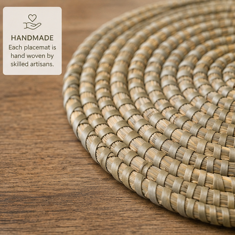 Handmade palm leaf placemat with product details on a neutral background