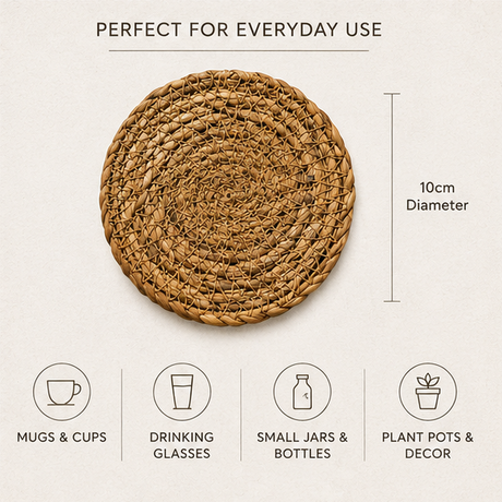 Woven mat with dimensions and uses on a light background