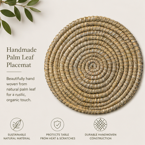 Handmade palm leaf placemat with text describing its features on a light background.