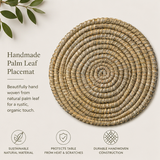 Handmade palm leaf placemat with text describing its features on a light background.