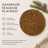 Handmade seagrass placemat with text highlighting its features on a light background.