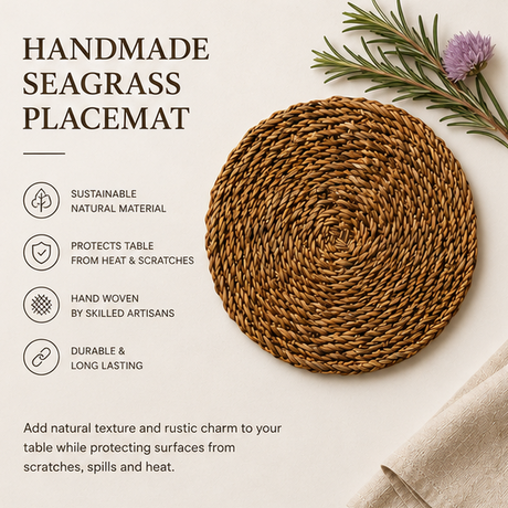 Handmade seagrass placemat with text highlighting its features on a light background.