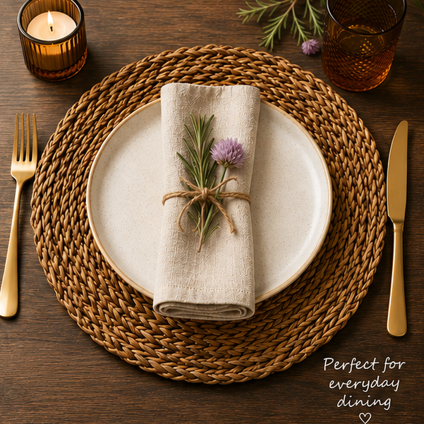 Dining table setting with woven placemat, ceramic plate, gold cutlery, and candle.