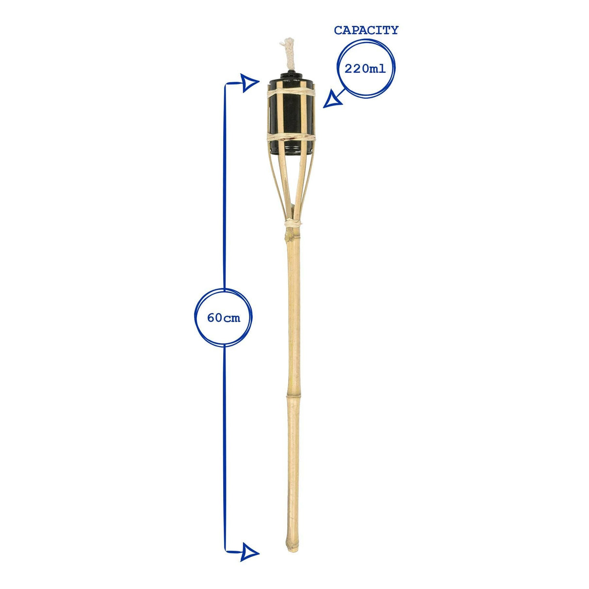 Bamboo torch with measurements and capacity details on a white background