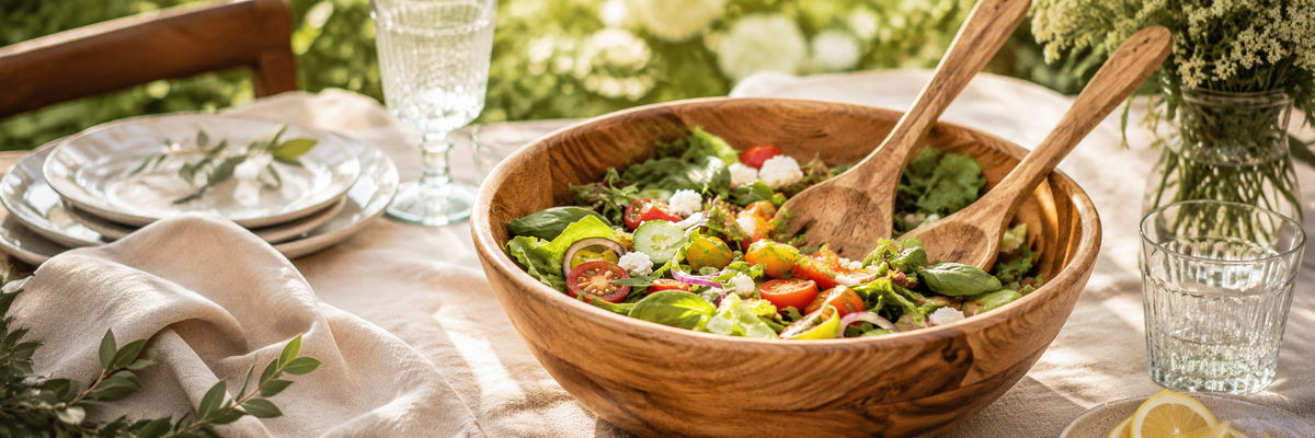 Wooden salad servers resting in a salad bowl on a dining table with linen and cutlery.