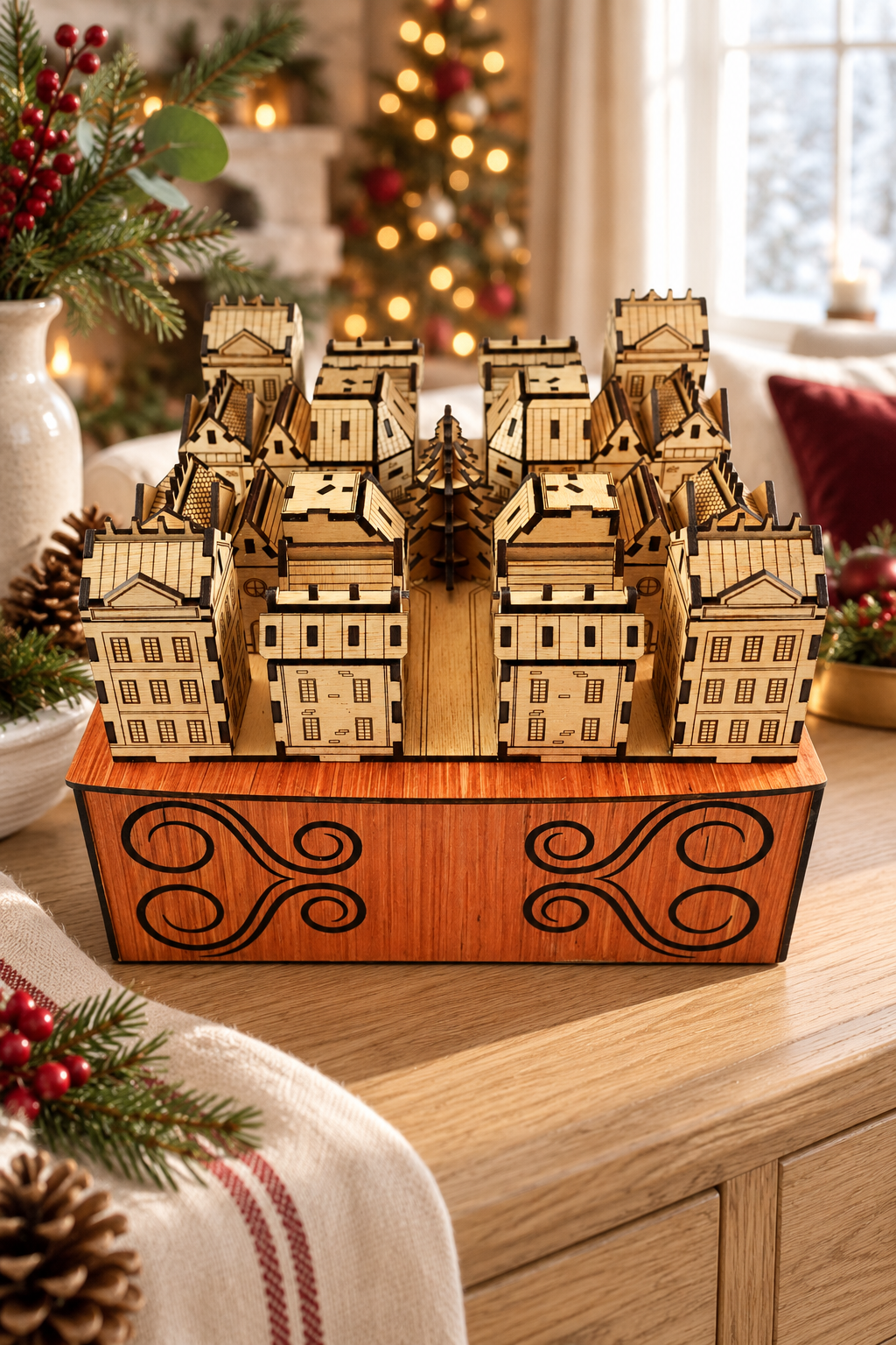 Light wood Christmas Advent Village displayed on its decorative wooden storage box in a festive setting.