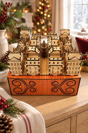 Light wood Christmas Advent Village displayed on its decorative wooden storage box in a festive setting.