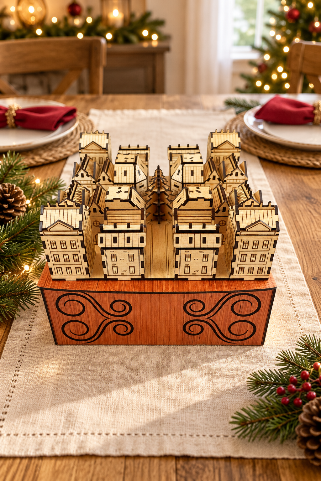 Light wood Christmas Advent Village and decorative storage box on a linen runner with red napkins and festive greenery.